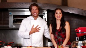 A girl is with a guy in the kitchen, fucked on the prep table
